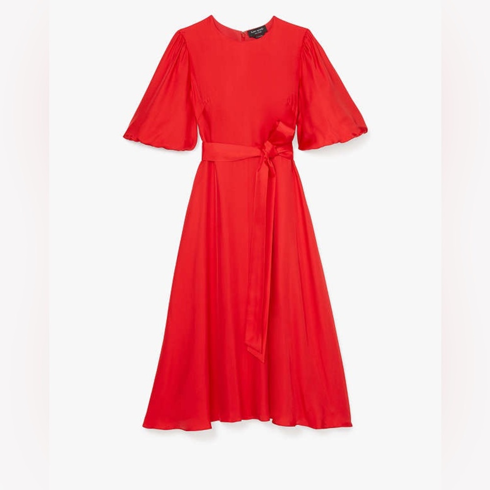 Kate Spade Silk Red Midi Dress Puff Sleeve Tie Waist Size 8 NWT